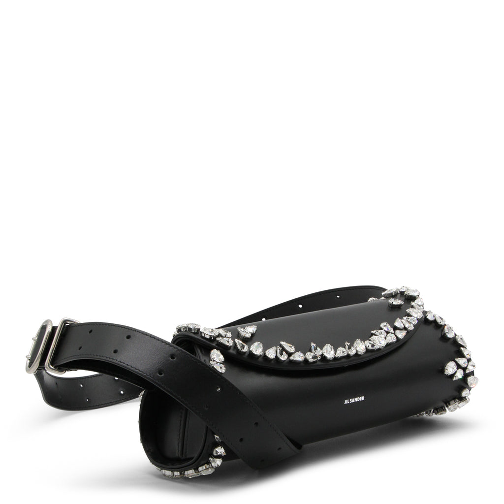 JIL SANDER / BLACK LEATHER CANNOLO SMALL CROSSBODY BAG